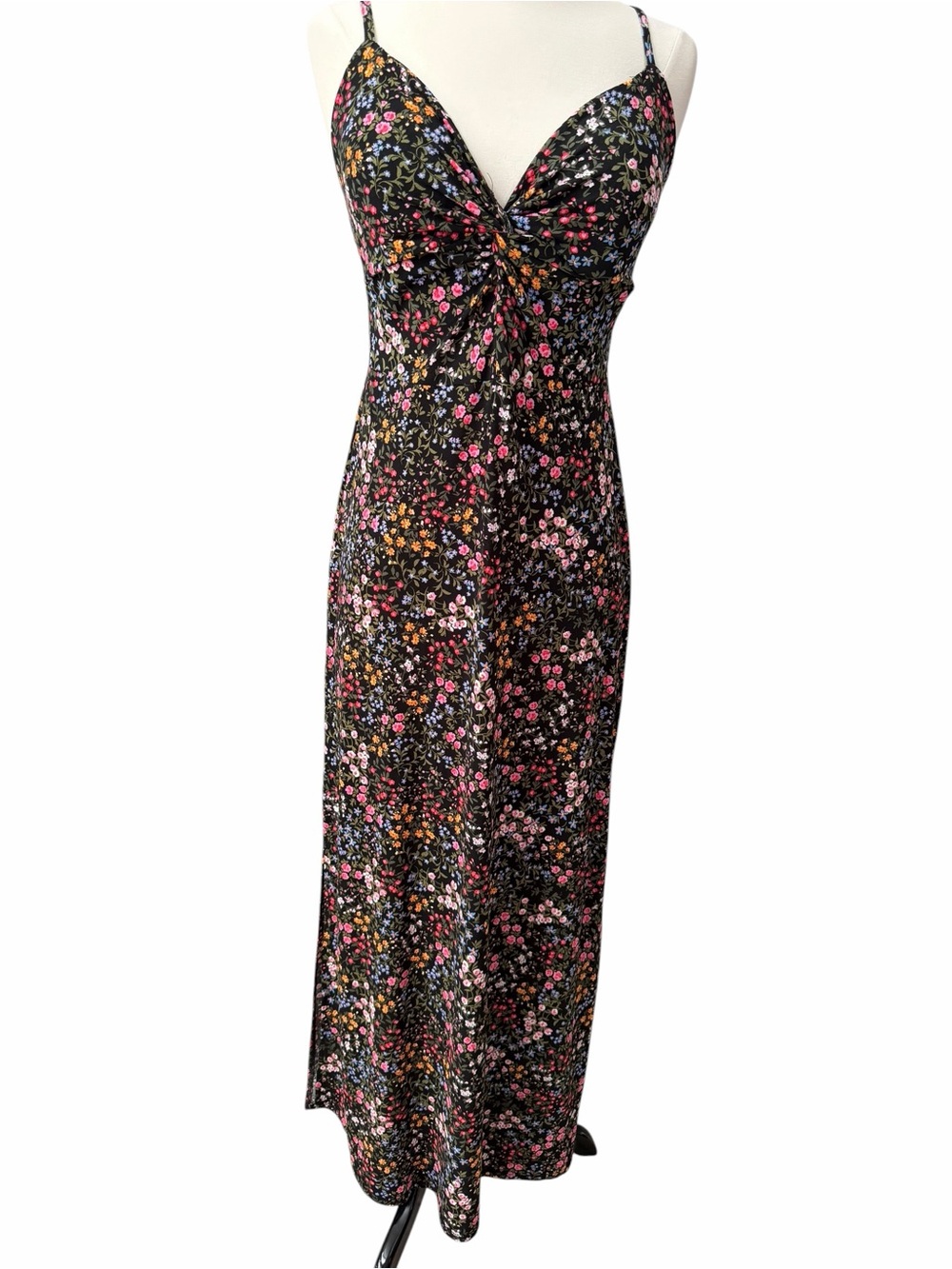 No Boundaries Black Floral Twist-Front Maxi Dress with Pink & Orange Flowers